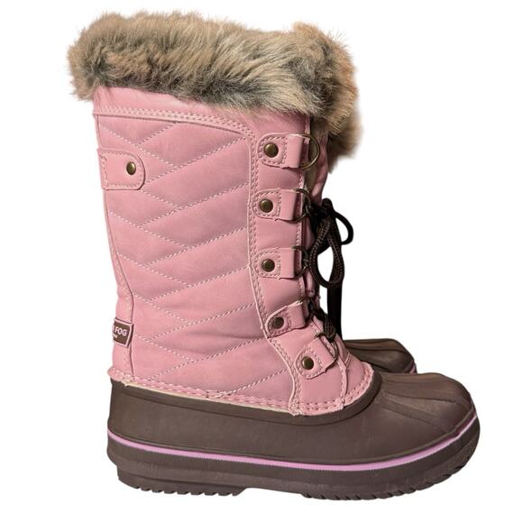London Fog Girls Fulham Lace Up Snow Duck Boot Brown Pink Faux Fur Size 1 - Picture 1 of 9